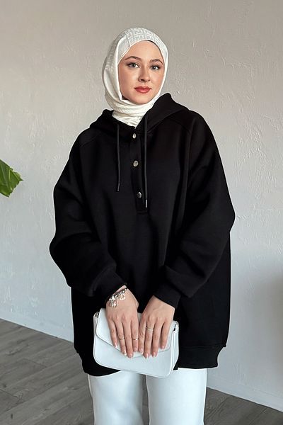 InStyle Snap Neck Hooded Black Sweat