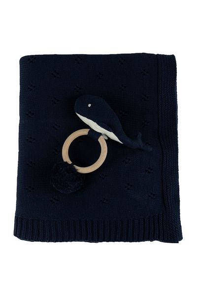 Bumble & Bird - Knitted Blanket With Rattle - Blue