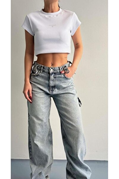 Asia Open Snow Washing Side Buckle Baggy Loose Leg Jeans