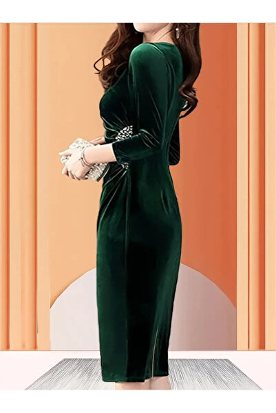 Viyamo Yeni Sezon Kadın Taş ve Büzgü Detay Midi Boy Kadife Şık Davet Elbise