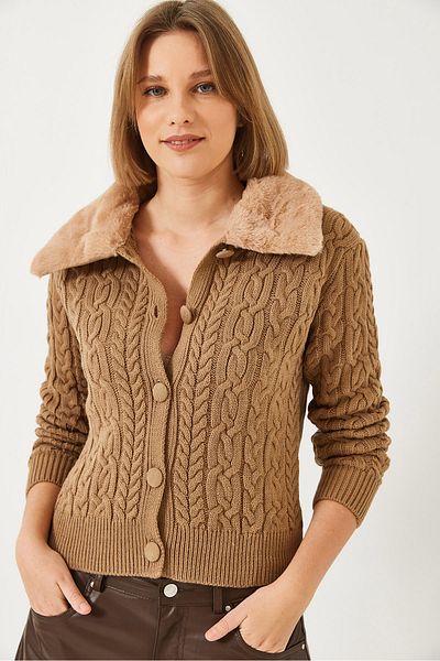 Bianco Lucci Women's Hair Braided Collar Fur Knitwear Cardigan