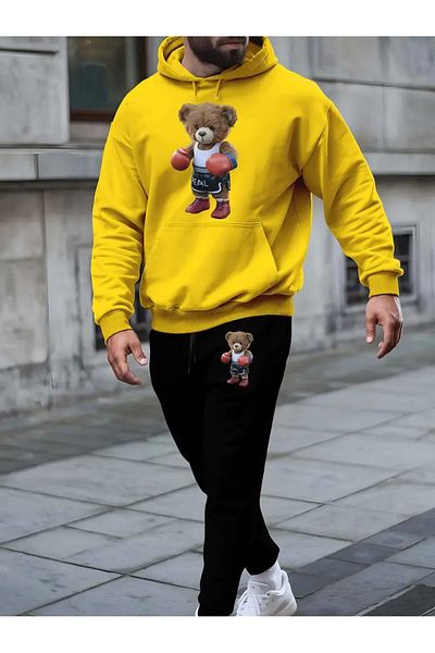 DAXİS Sportwear Company Men's Boxer Teddy Bear Printed Tracksuit Set - Hooded Bottom Top Set