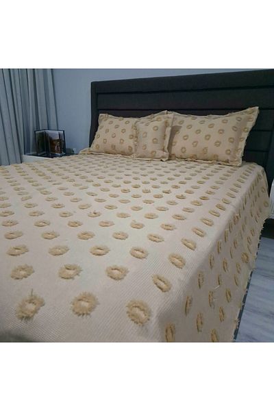 Abka Home Chenille Pique Set with Milky Brown Pompom Pattern - 3 Pieces