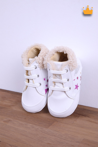 Babyhola Kız Erkek Bebek Peluş Detaylı Yıldız Desen Bagcıklı Makosen Beyaz 4225