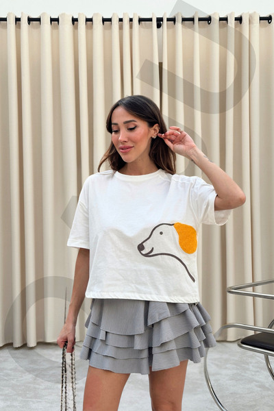 Qaju Tricou cu broderie pentru damă, cu decolteu rotund, cu talie reglabilă