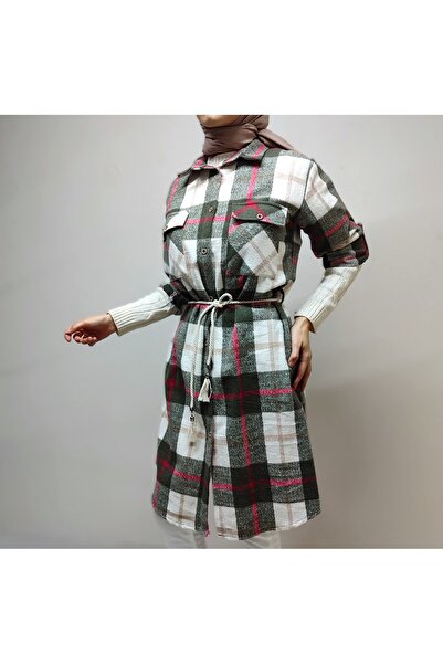 ESİLA ODUNCU Uzun Tunik Çizgili Kare Kuşaklı Gri Tunik Gömlek