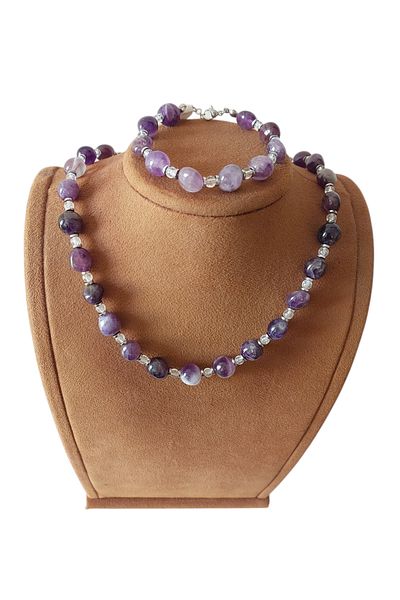 AYTENS TAKI Natural Amethyst, Crystal Quartz and Hematite Pendant Bracelet Set