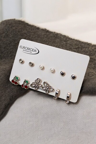 EUROMODA Cherry Butterfly Design Set of 6 Earrings with Pearl Solitaire and Ball Earrings