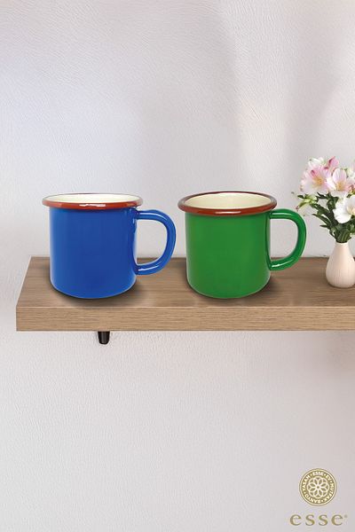 Esse Green and Blue Enamel Mug Retro Set of 2