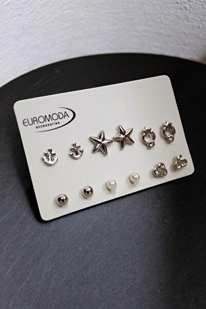 EUROMODA Yıldız ve Çapa Tasarımlı İnci Tektaş ve Top Küpeli 6lı Küpe Seti