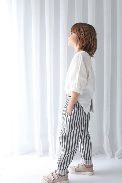 Catz Kids Black and White Striped Linen Carrot Pants + White Muslin Pocket Detail Shirt