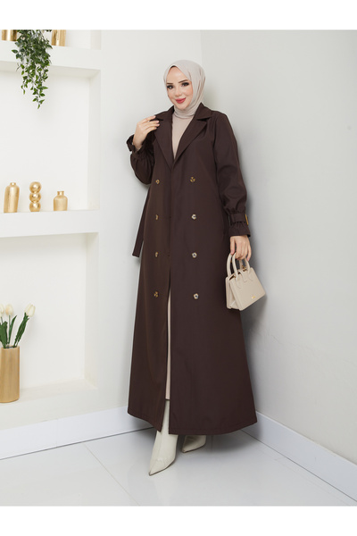 RACE FASHİON Modest Double Breasted Collar Waterproof Belted Full Length Trench Coat Rc1403013