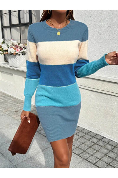 JANES Жіноча довга рукава велосипедний комір смугаста коротка трикотажна сукня