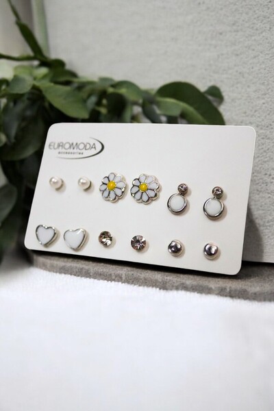 EUROMODA Set of 6 Earrings with Daisy Heart and Circle Design Pearl Solitaire and Ball Earrings