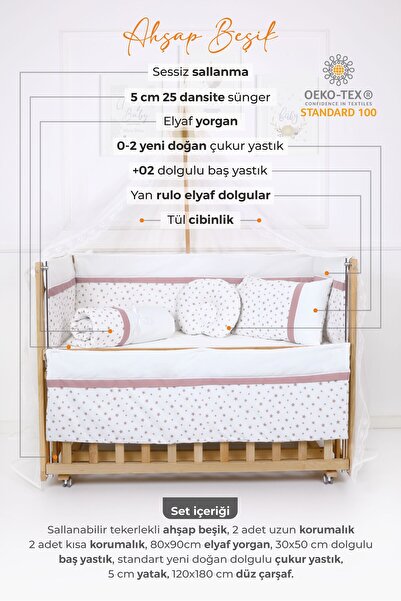 Umaybebek Umay Ahşap Beşik, Anne Yanı, Sallanır, Tekerlekli, Organik, Korumalıklı Uyku Seti, + Yatak 60x120 Cm