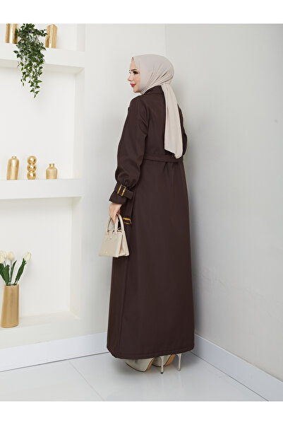 RACE FASHİON Modest Double Breasted Collar Waterproof Belted Full Length Trench Coat Rc1403013