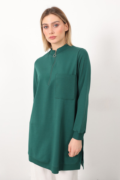 Linvey Günlük Dik Yaka Fermuarlı Tek Cepli İki İplik Rahat Kalıp Tunik Tesettür