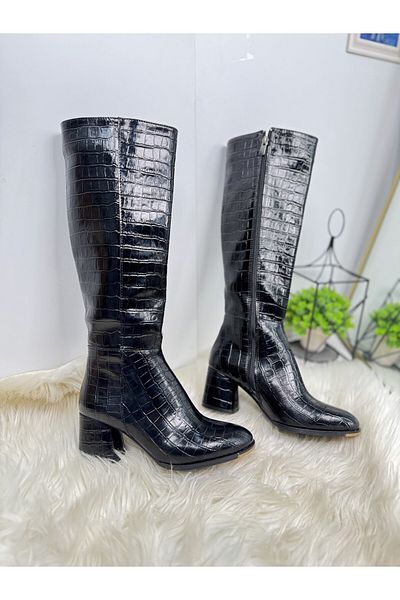 Nstil Cizme de damă confortabile, cu fermoar, cu toc înalt și gros, cu model de crocodil negru 3001