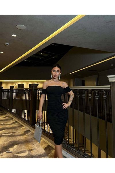 modaserdem Γυναικείο φόρεμα με γιακά Madonna Sandy Fabric Gather Detail Midi Night-αποφοίτηση-γάμος-βραδινό φόρεμα