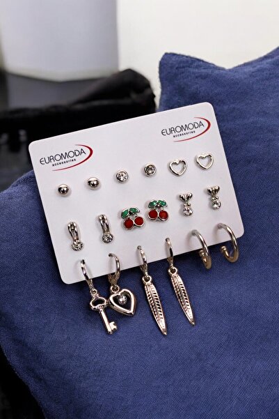 EUROMODA Kalp Anahtar Kiraz Kuş Tüyü Tasarımlı İnci Tektaş Halka ve Top Küpeli 9lu Küpe Seti