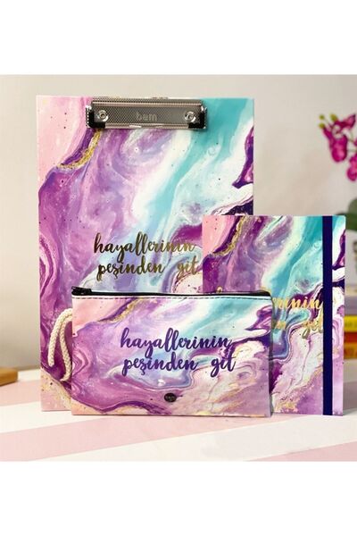 gifttime Hayallerinin Peşinden Git Tasarımlı Sekreterlik Kalemlik Mor Renk Lastikli Defter