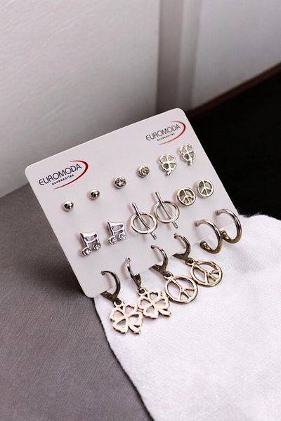 EUROMODA Peace Symbol Clover Music Melody Design Set of 9 Earrings with Pearl Solitaire Hoop and Ball Earrings
