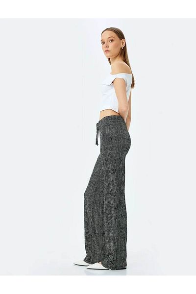 Koton Women's Lace-Up Waist Wide Leg Black Trousers 5Sal40013Ik