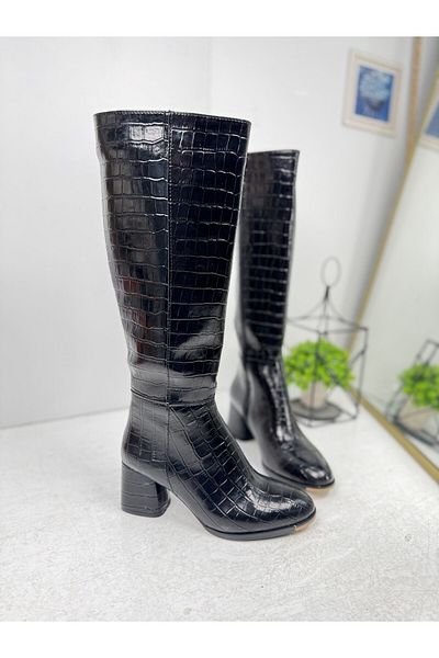 Nstil Cizme de damă confortabile, cu fermoar, cu toc înalt și gros, cu model de crocodil negru 3001