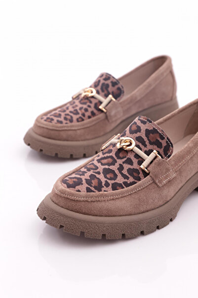 DGN Kadın Aksesuarlı Loafer Ayakkabı Vizon Süet Leopar Hakiki Deri 5381841