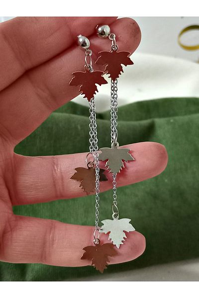 mos&more Silver Leaf Dangle Long Stylish Earrings