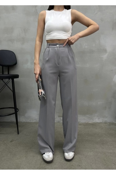 asfamoda Kadın Gri Tam Kalıp Bel Oturtmalı Yüksek Bel Geniş Paça Palazzon Pan...