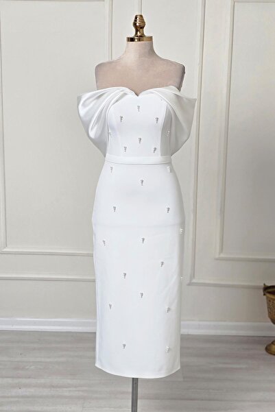 Yonca Moda Evi Beyaz Krep Organze İnci Detaylı Abiye 1253