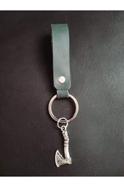 BSN Store سلسلة مفاتيح من الجلد الطبيعي باللون الأخضر الكاكي مع شكل فأس إسكندنافي