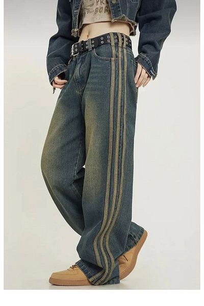 KOTOLOG Πράσινη απόχρωση Loose Baggy Jean - Y2k Αναξιοπαθούντα ρίγα λεπτομέρεια Vinçega