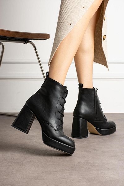 ShoeTek Γυναικείες μπότες Larinka Χοντρό τακούνι με κορδόνια μαύρο δέρμα