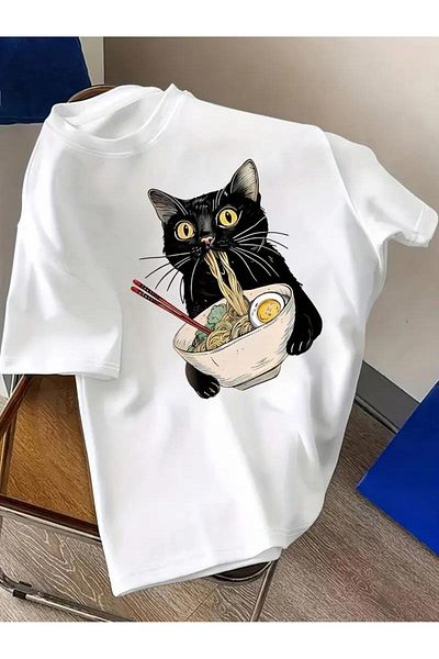 Touz Moda Μπλουζάκι Sushi Black Cat με στάμπα Oversize