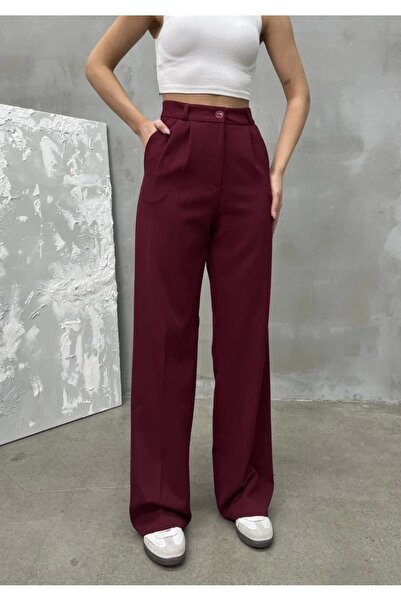 asfamoda Kadın Bordo Tam Kalıp Bel Oturtmalı Yüksek Bel Geniş Paça Palazzon P...