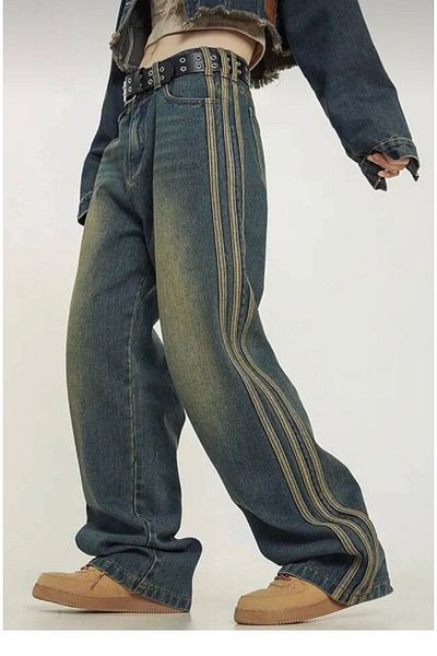 KOTOLOG Πράσινη απόχρωση Loose Baggy Jean - Y2k Αναξιοπαθούντα ρίγα λεπτομέρεια Vinçega