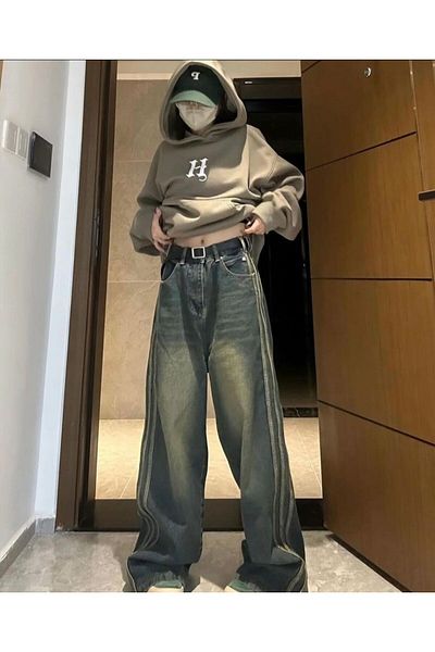 KOTOLOG Πράσινη απόχρωση Loose Baggy Jean - Y2k Αναξιοπαθούντα ρίγα λεπτομέρεια Vinçega