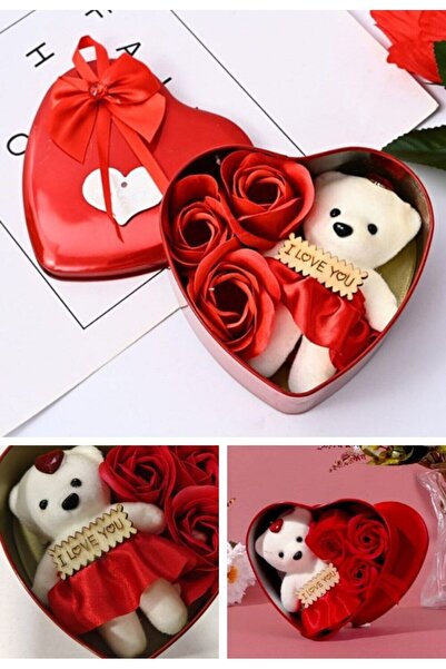 Lexi Bella 3 Yapay Gül ve Mini Ayıcık Metal Kalp Kutuda Sevgiliye Hediye Mini...