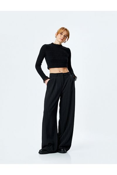 Koton Lace Detailed Stand Collar Long Sleeve Knitwear Plush Crop Sweater