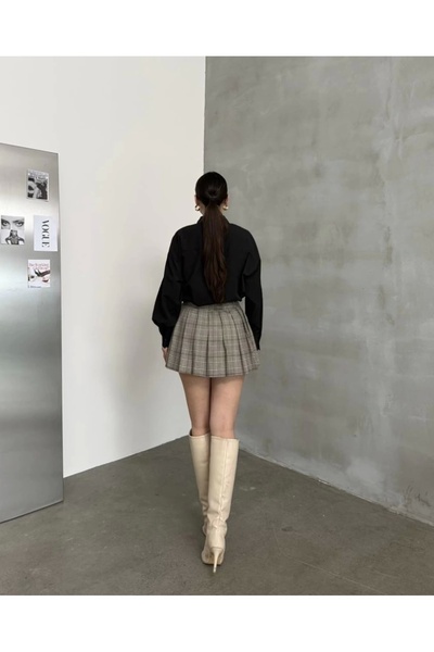 asfamoda Női szürke kockás bélelt rövidnadrág övvel redőzött mini rövidnadrág szoknya