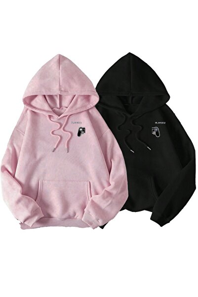 Tarzsokak Sevgili Çift Kombin - Pembe Siyah Baskılı Oversize Kapüşonlu
