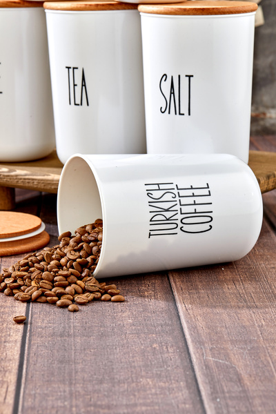 MODA OZY 6'lı Ahşap Kapaklı Transfer Etiketli Coffe/tea/sugar PLASTİKKavanoz 900ml Saklama Kabı.