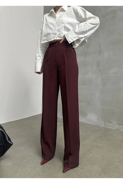 Asfa Moda Women's Cherry Full Fit Waist Seated High Waist Wide Leg Palazzon Pants
