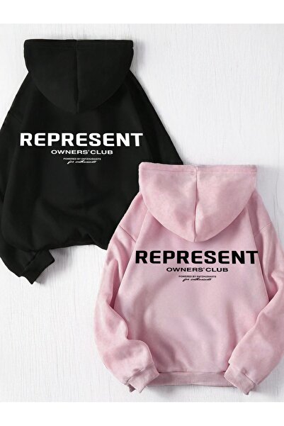 Tarzsokak Represent Sevgili Çift Kombin - Siyah Pembe Baskılı Oversize Kapüşonlu