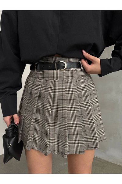Asfa Moda Pantaloni scurți căptușiți în carouri gri pentru femei, cu fustă mini scurtă plisată cu centură