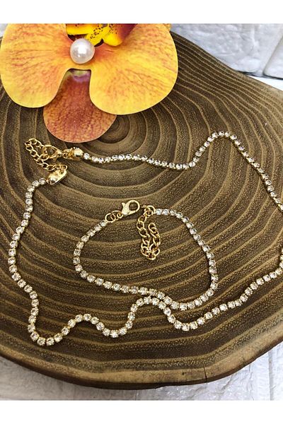 sema aksesuar Gold Zircon Stone Waterway Necklace and Bracelet Set - Gift Valentine's Day Gift Birthday
