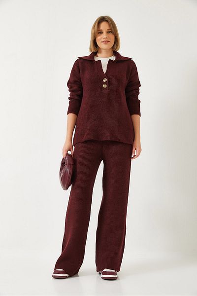 Bianco Lucci Women's Shirt Collar Thick Knitwear Bottom Top Set 60261313
