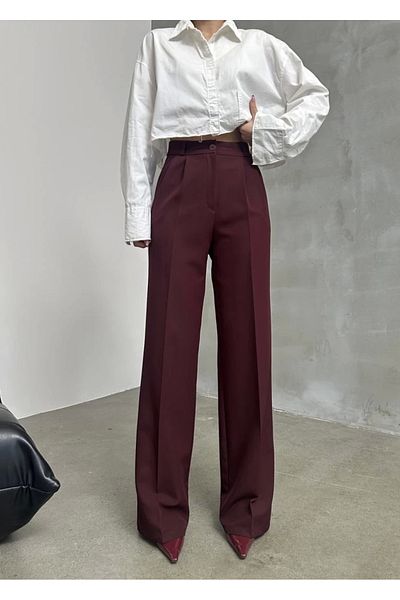 Asfa Moda Women's Cherry Full Fit Waist Seated High Waist Wide Leg Palazzon Pants